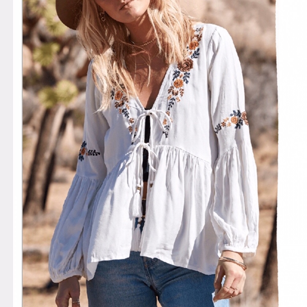 White Boho Embroidered Tie Front Blouse - Picture 1 of 8